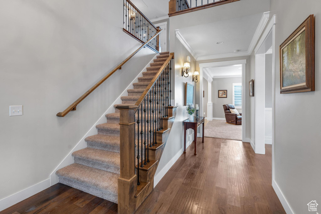 Staircase featuring dark carpet and crown molding