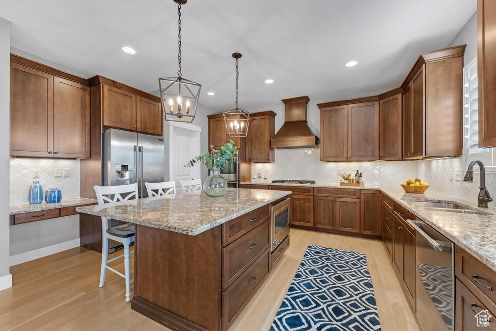 Kitchen with tasteful backsplash, appliances with stainless steel finishes, light hardwood / wood-style flooring, sink, and custom exhaust hood