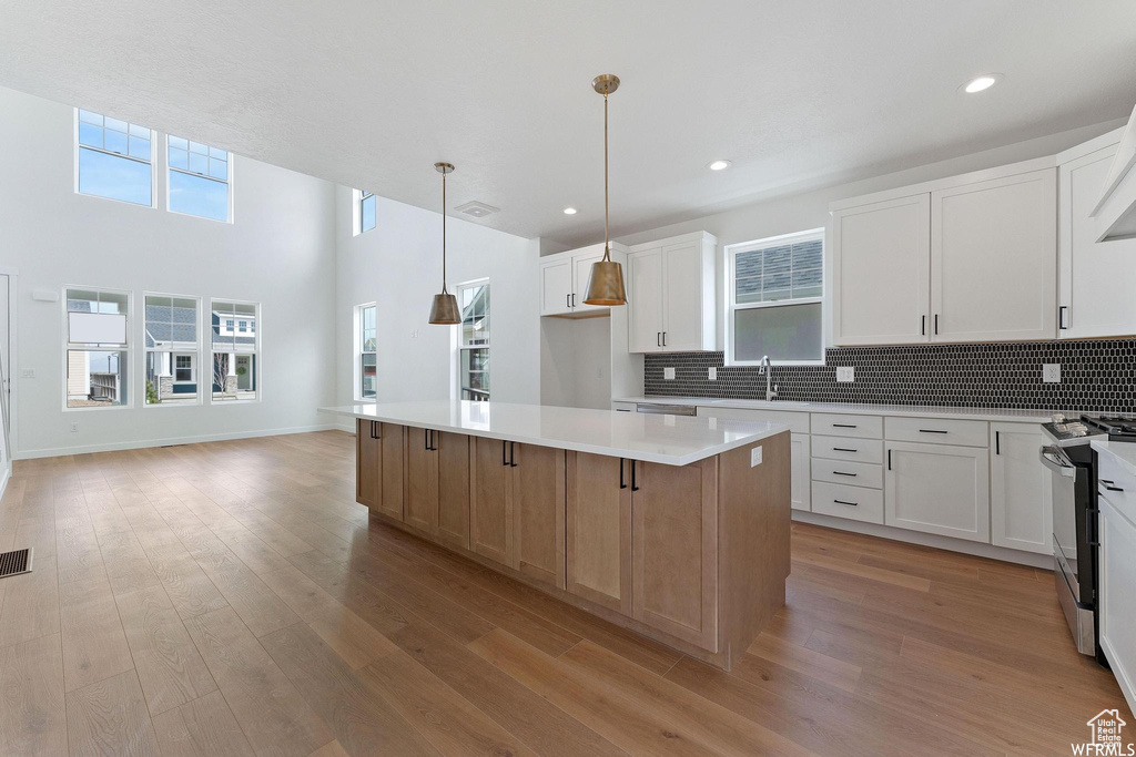 Kitchen with light hardwood / wood-style flooring, white cabinetry, a center island, and stainless steel gas range