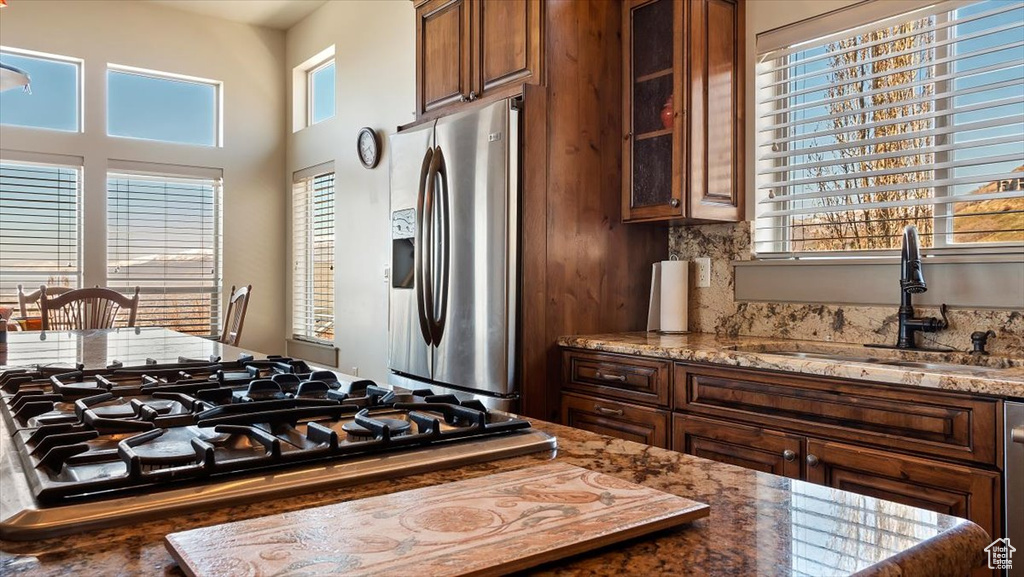 Kitchen with a wealth of natural light, stainless steel appliances, and dark stone countertops