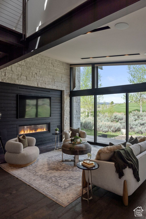 Living area with expansive windows, healthy amount of natural light, a fireplace, and wood finished floors