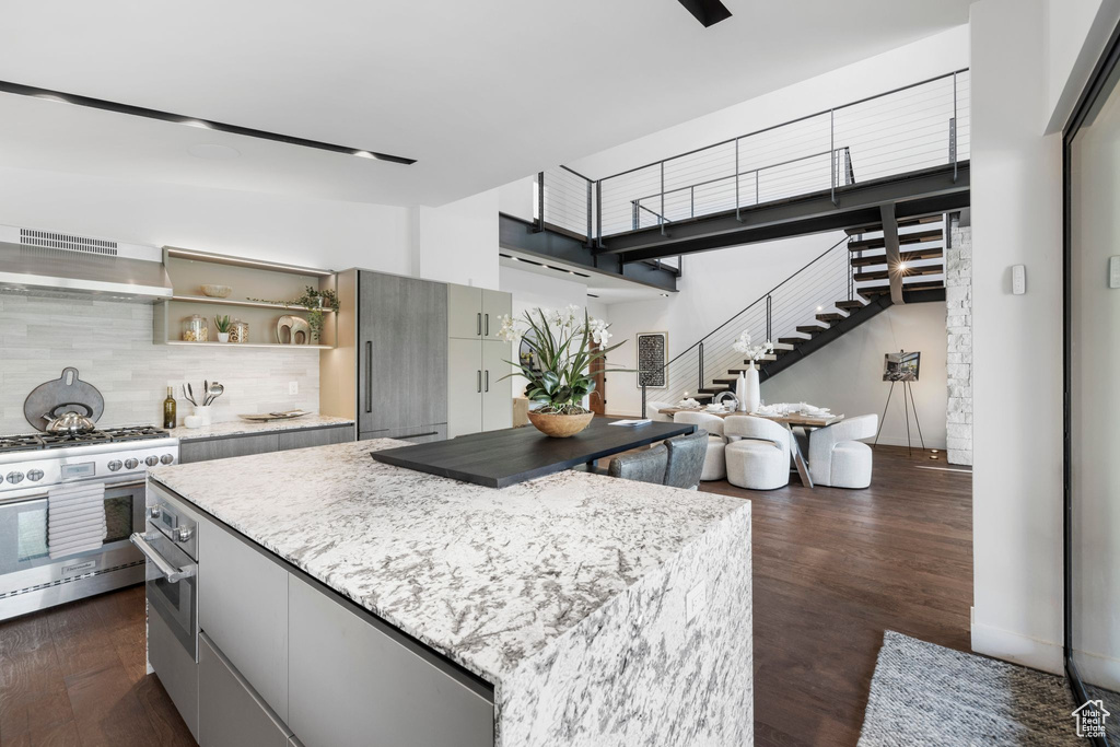 Kitchen featuring stainless steel appliances, extractor fan, a kitchen island, dark wood-style floors, and tasteful backsplash