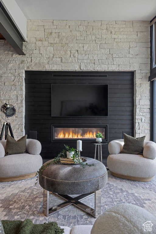 Living area with a glass covered fireplace