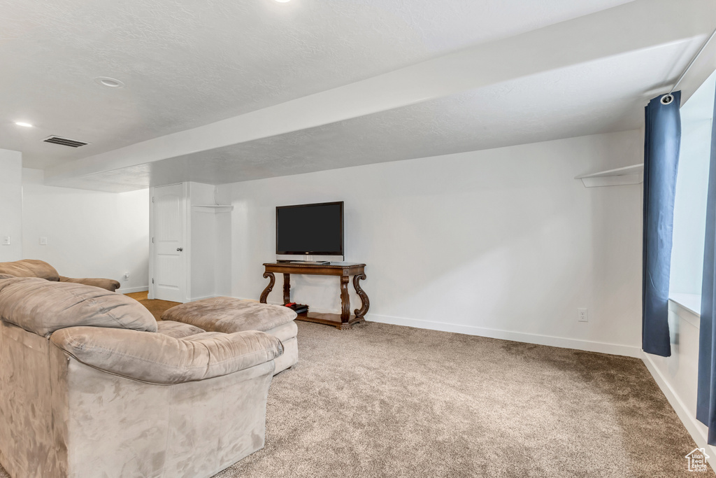 Living room with light colored carpet and a textured ceiling