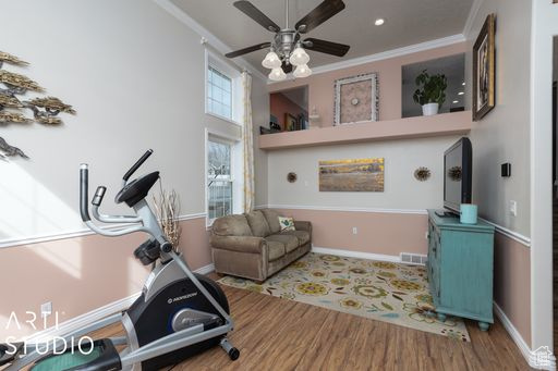 Workout room with hardwood / wood-style flooring, crown molding, and ceiling fan
