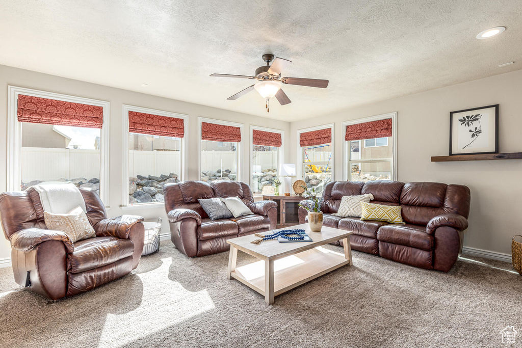 Living room featuring ceiling fan, a textured ceiling, and carpet floors