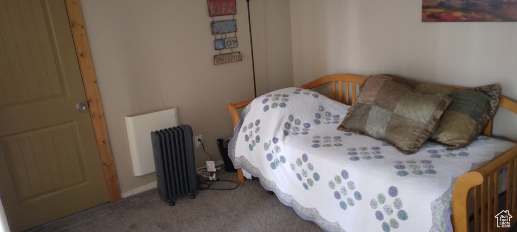 Bedroom featuring carpet and radiator