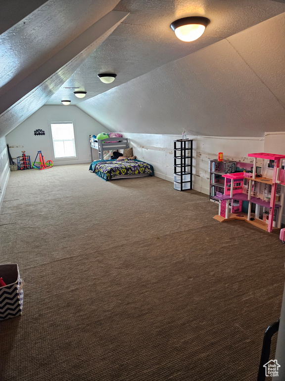 Rec room with lofted ceiling, carpet flooring, and a textured ceiling