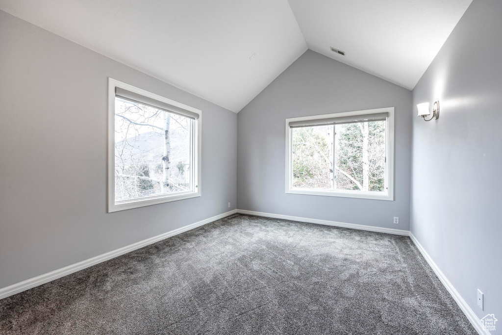 Empty room featuring carpet and lofted ceiling