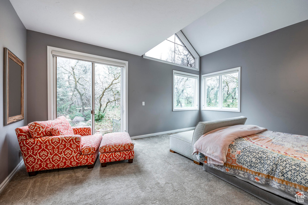 Bedroom with vaulted ceiling, multiple windows, and carpet