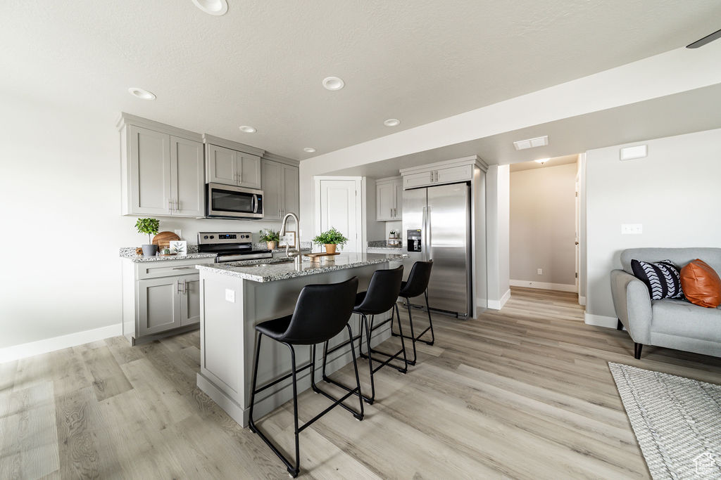 Kitchen featuring light hardwood / wood-style flooring, a kitchen island with sink, light stone countertops, gray cabinetry, and appliances with stainless steel finishes