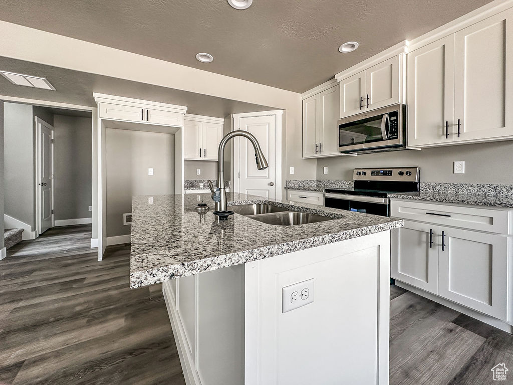 Kitchen featuring appliances with stainless steel finishes, white cabinetry, and dark hardwood / wood-style floors