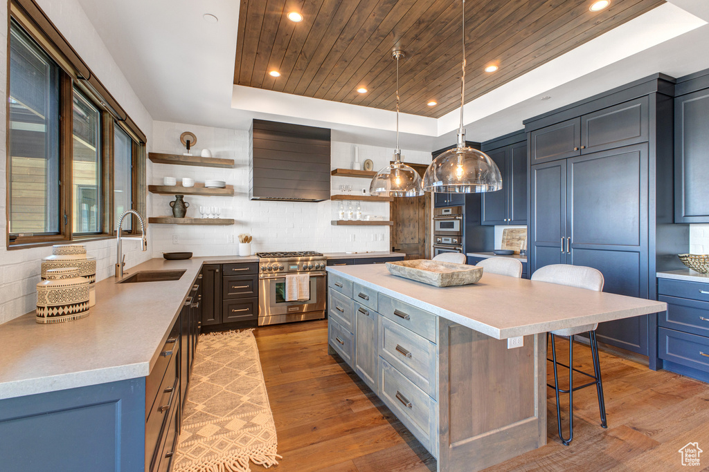 Kitchen featuring a breakfast bar, double oven range, a tray ceiling, premium range hood, and light hardwood / wood-style flooring
