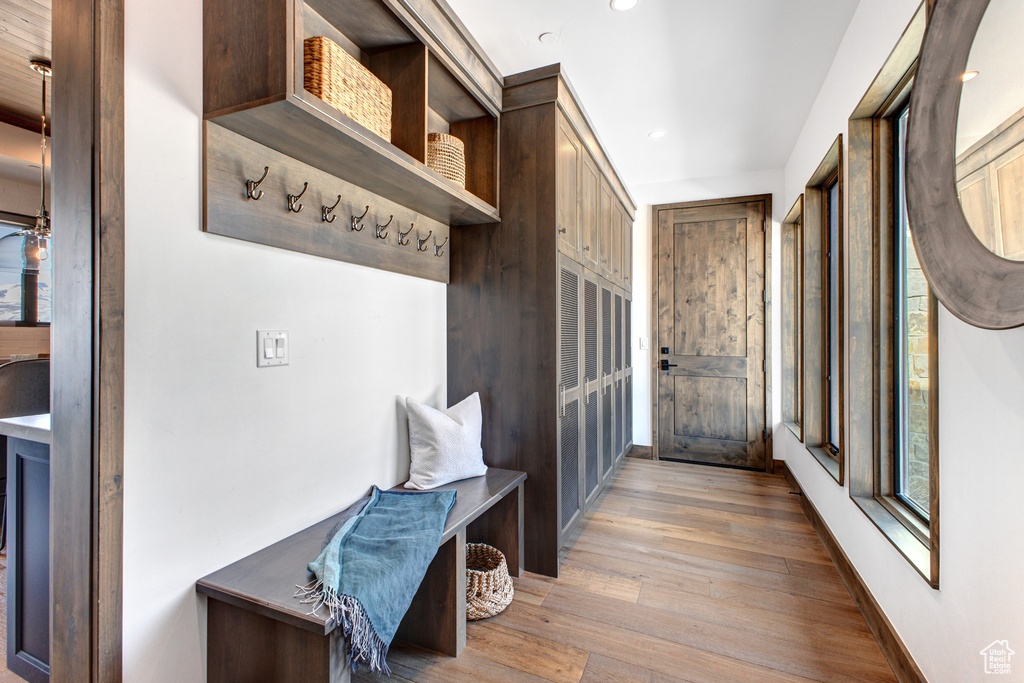 Mudroom with light hardwood / wood-style flooring and a healthy amount of sunlight