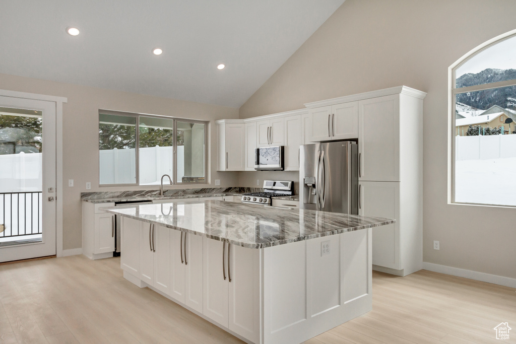 Kitchen featuring stainless steel appliances, a center island, and light hardwood / wood-style floors