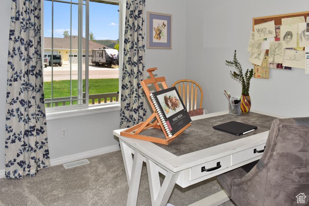 Carpeted home office featuring plenty of natural light