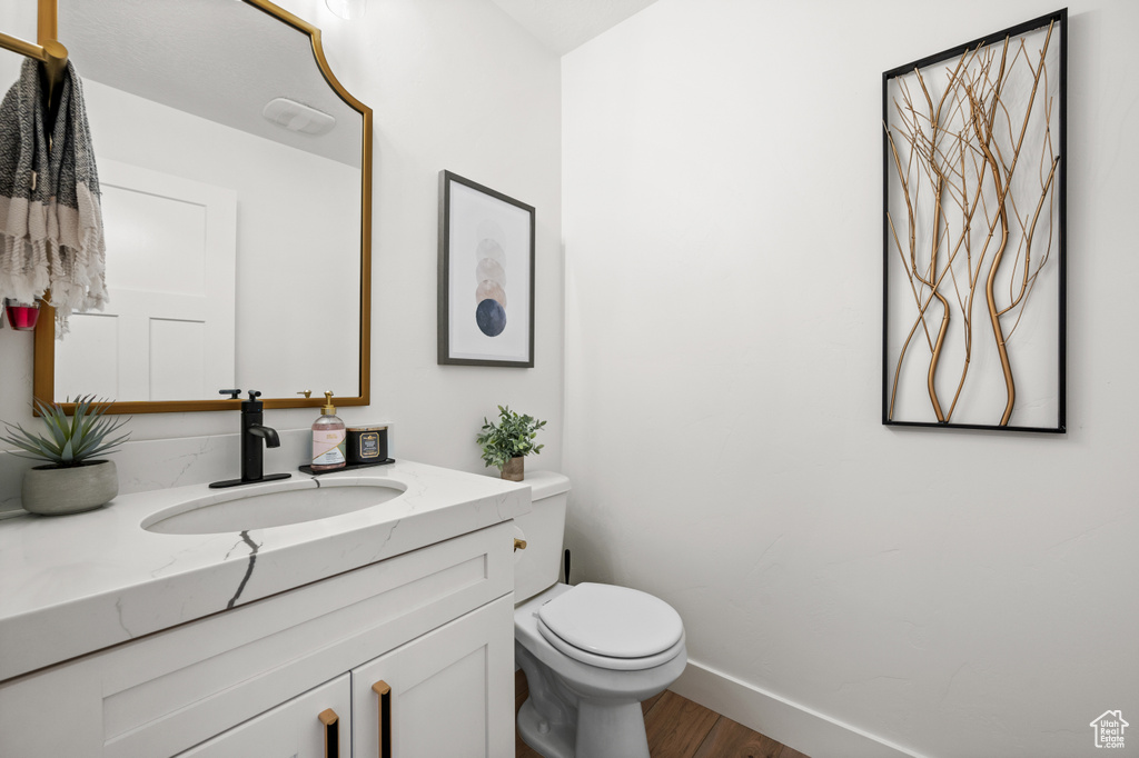 Bathroom featuring large vanity, toilet, and wood-type flooring