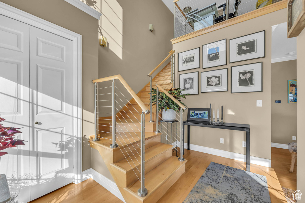 Stairs featuring light hardwood / wood-style floors, ornamental molding, and a high ceiling