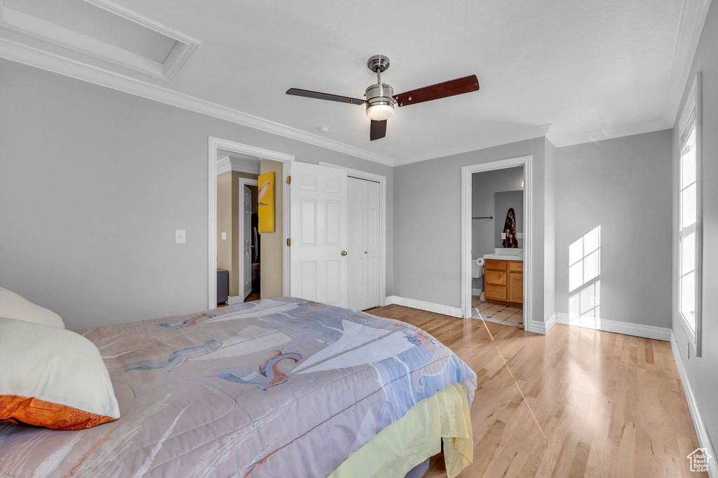 Bedroom featuring light wood-type flooring, ceiling fan, ornamental molding, a closet, and ensuite bath