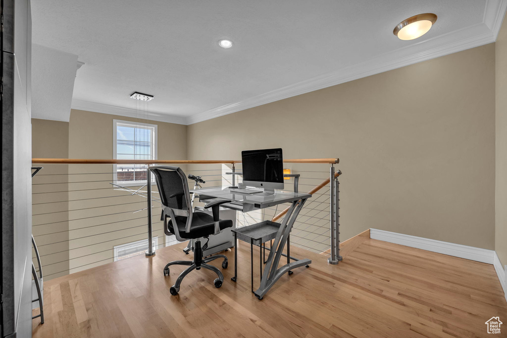 Office featuring light hardwood / wood-style flooring and crown molding