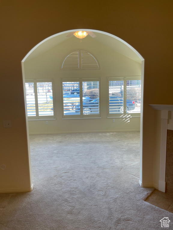Spare room featuring plenty of natural light, vaulted ceiling, and light carpet