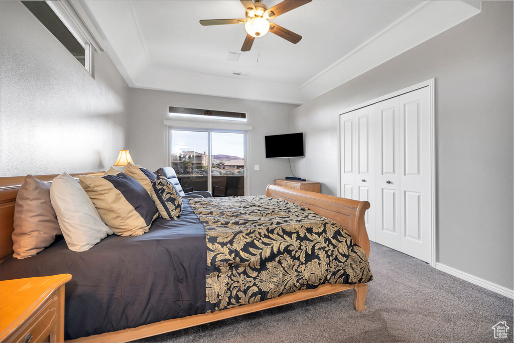 Carpeted bedroom featuring access to exterior, ceiling fan, a tray ceiling, and a closet