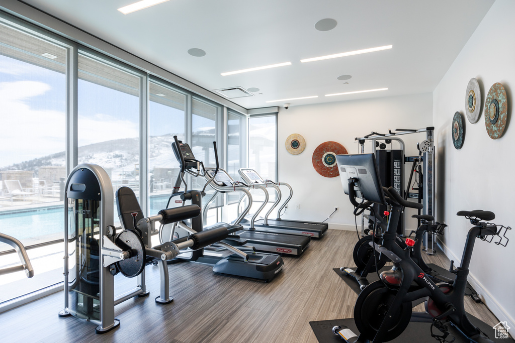 Exercise room with hardwood / wood-style flooring, expansive windows, and a mountain view