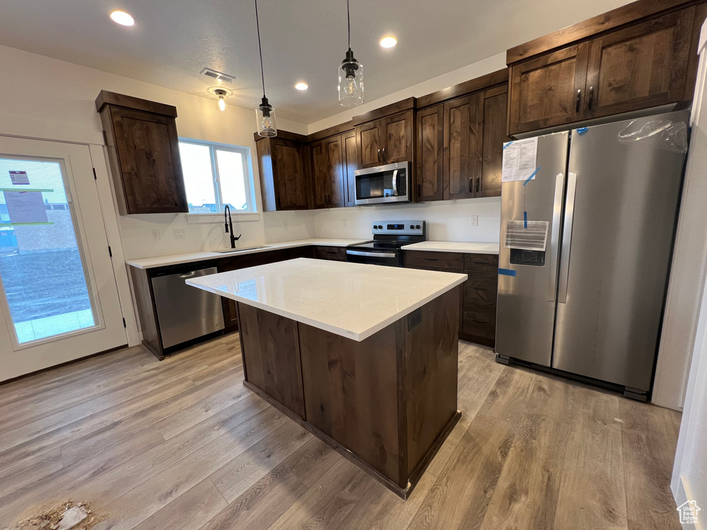 Kitchen with dark brown cabinets, a wealth of natural light, stainless steel appliances, and light wood-type flooring