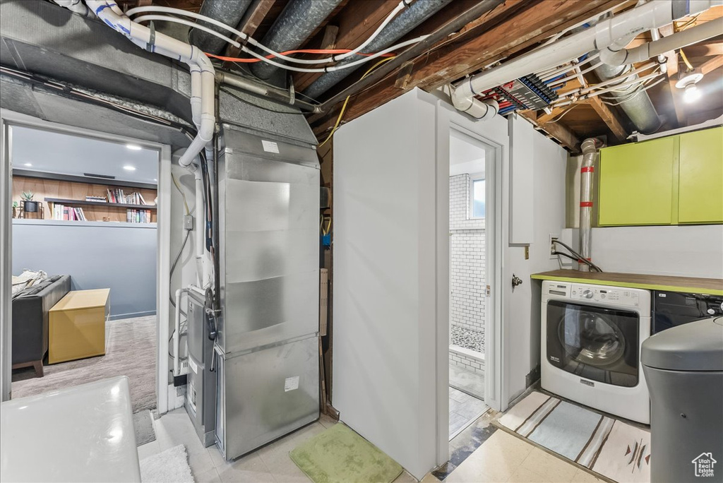 Utility room with washer and dryer and heating utilities