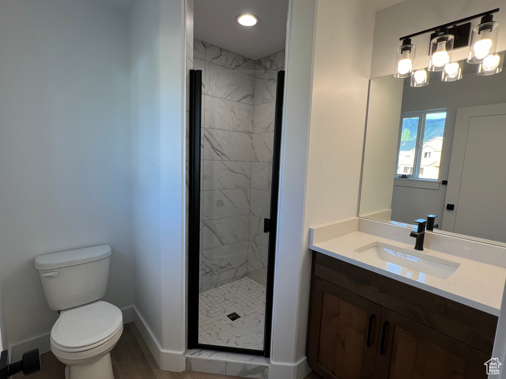 Bathroom featuring vanity, a tile shower, toilet, and hardwood / wood-style flooring