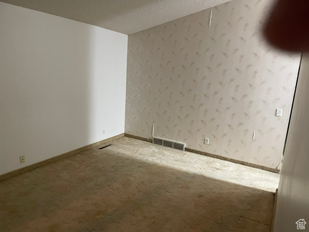 Spare room featuring a textured ceiling and carpet floors