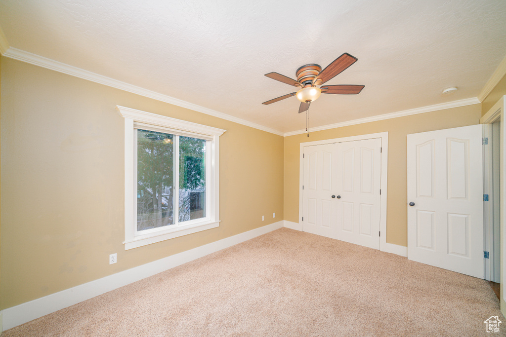 Unfurnished bedroom featuring light carpet, ornamental molding, a closet, and ceiling fan