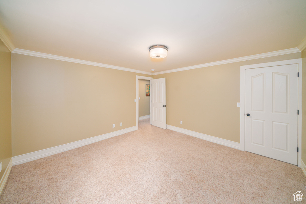 Unfurnished room featuring light colored carpet and crown molding