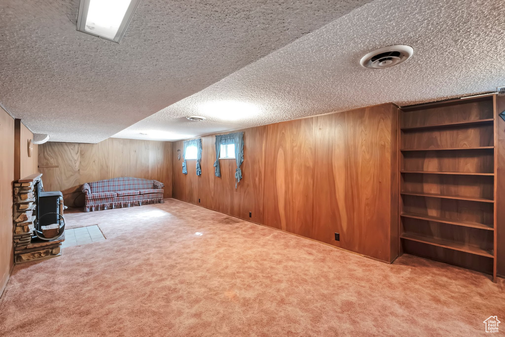 Basement featuring wood walls, carpet flooring, and a textured ceiling