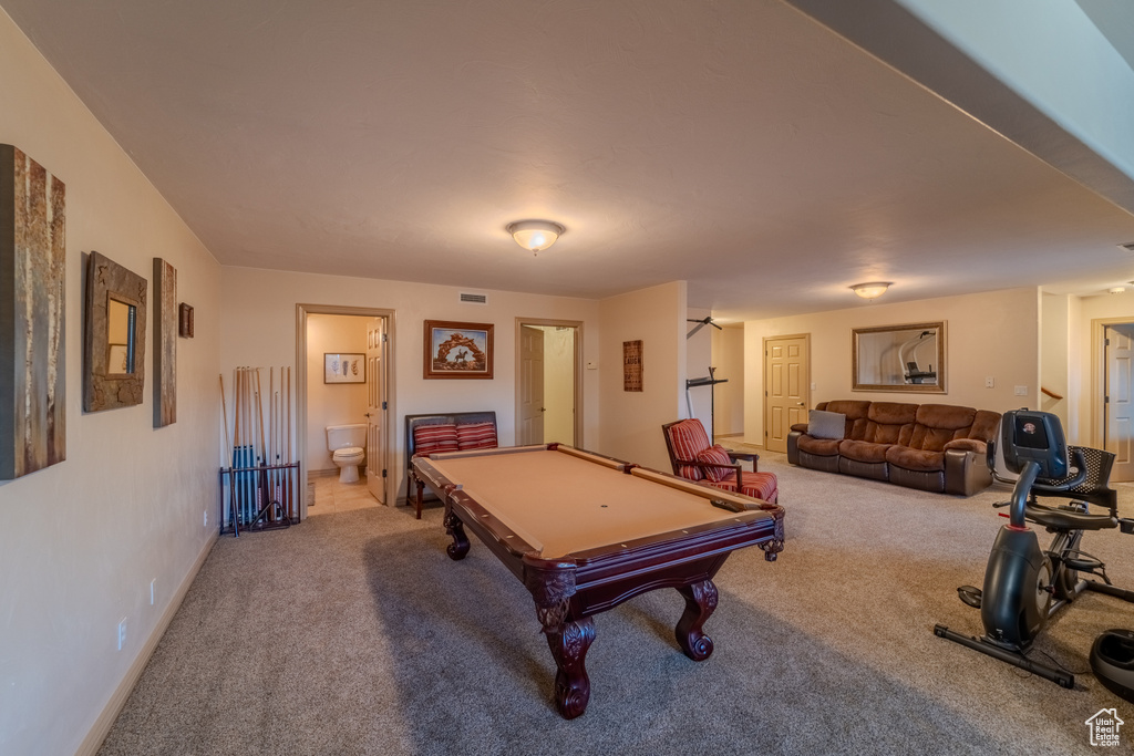 Rec room with light colored carpet and billiards