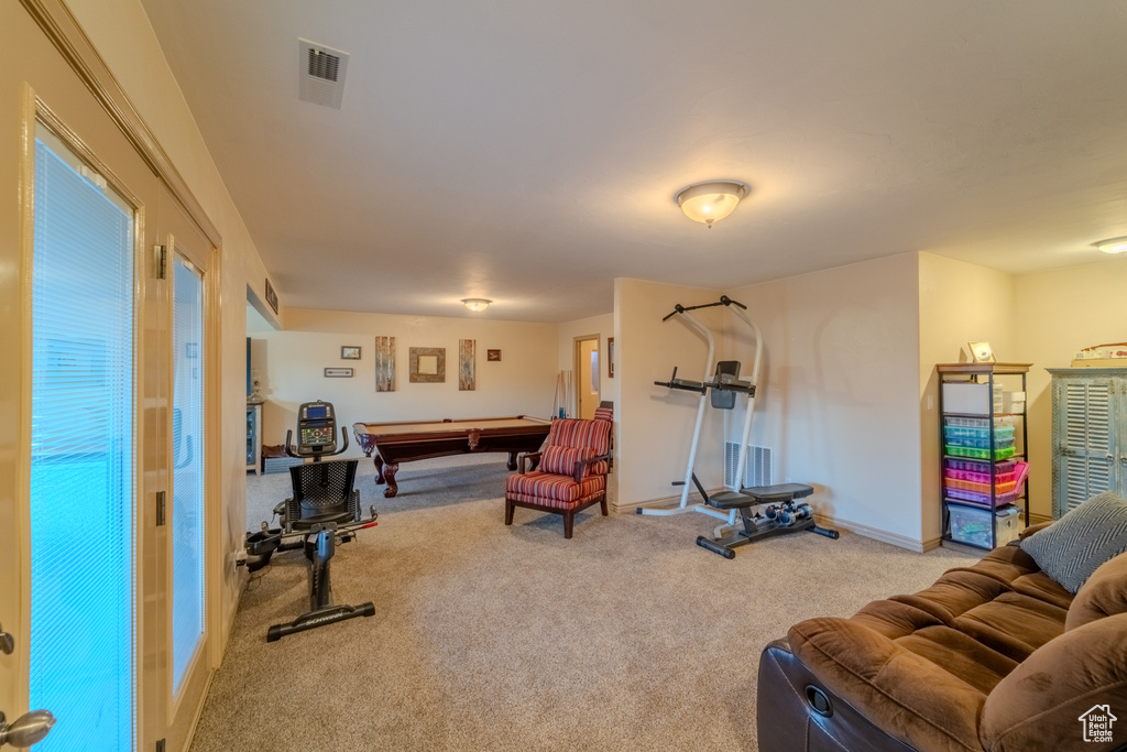 Workout room with light carpet and billiards