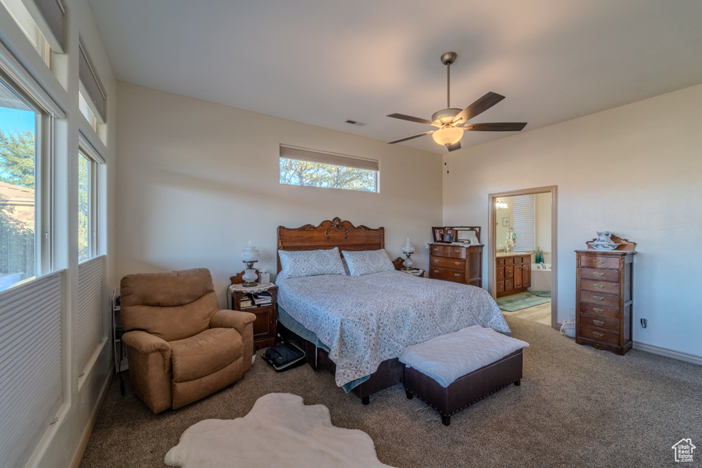 Bedroom featuring carpet flooring, ceiling fan, multiple windows, and ensuite bath