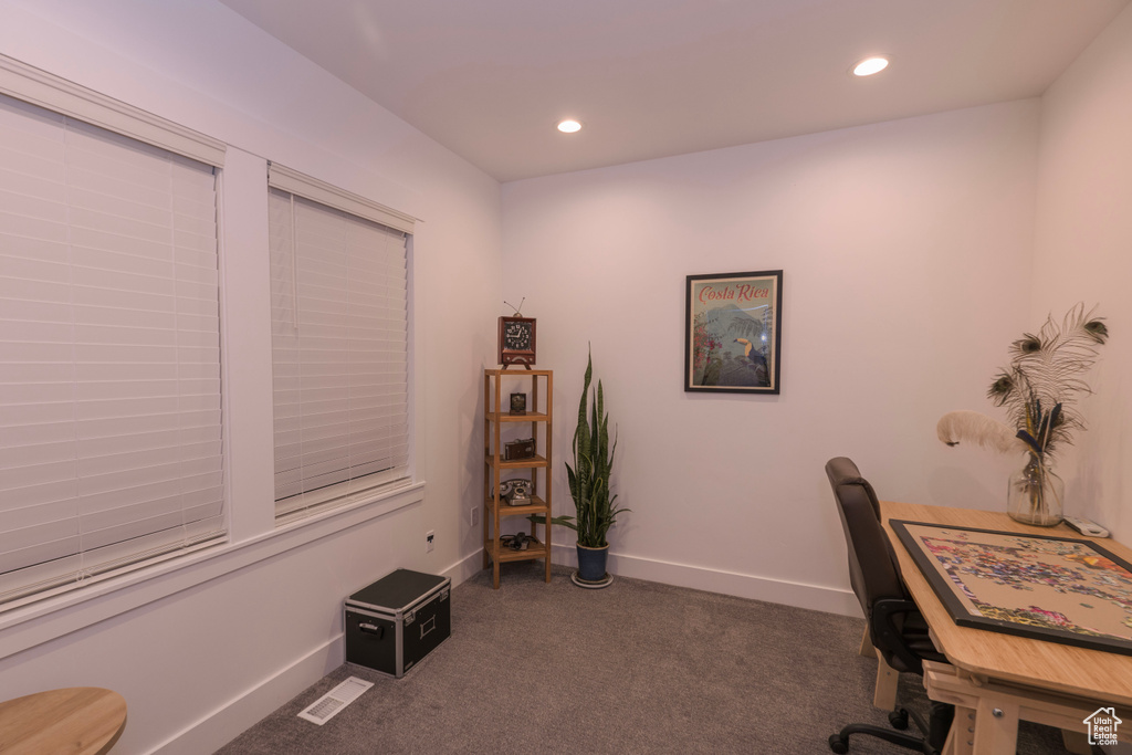 Office space featuring dark carpet