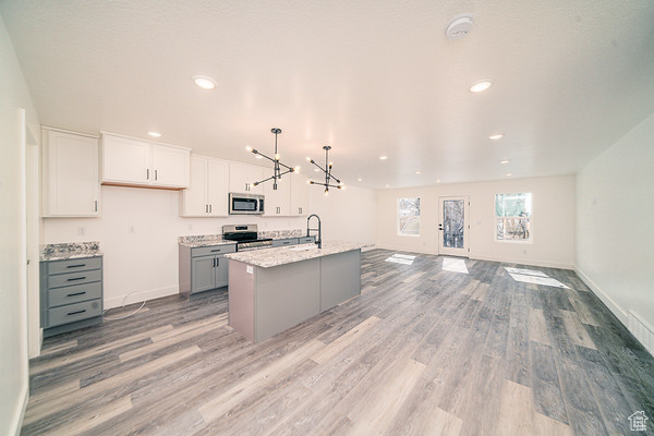 Kitchen with appliances with stainless steel finishes, an island with sink, light wood-type flooring, and gray cabinetry