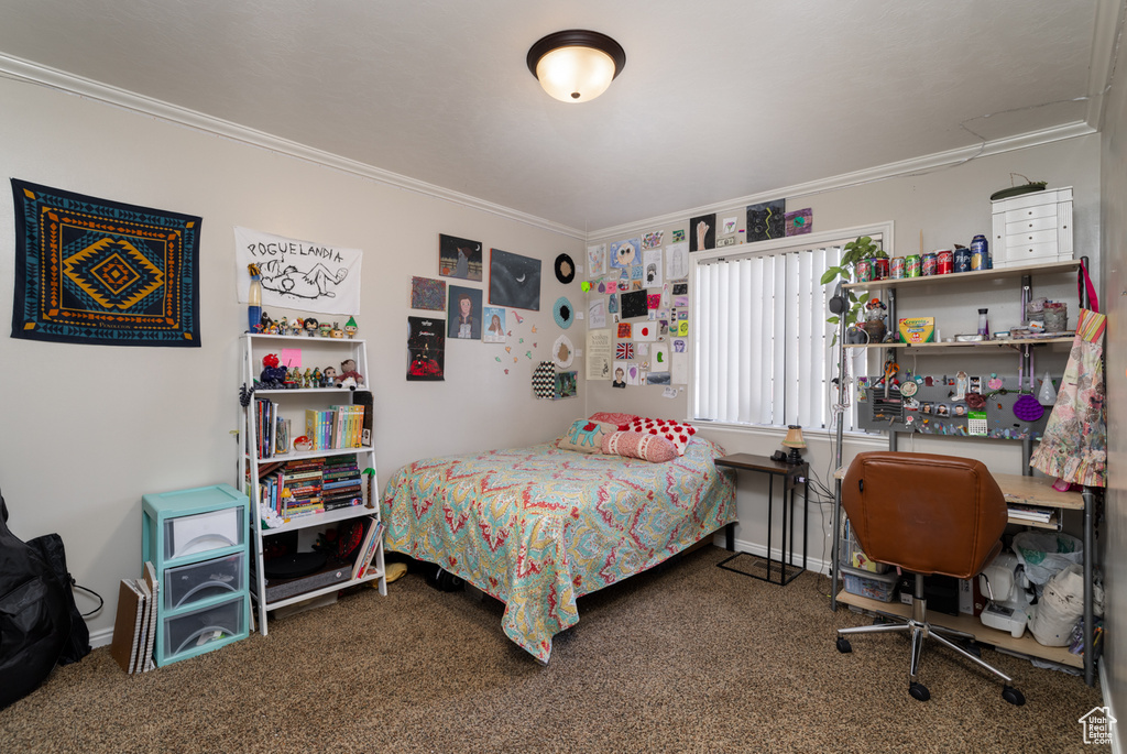 Bedroom featuring dark colored carpet and crown molding