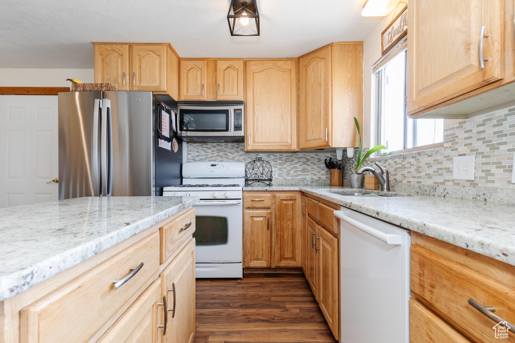 Kitchen featuring stainless steel appliances, tasteful backsplash, dark hardwood / wood-style flooring, and sink
