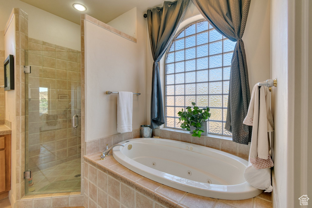 Bathroom featuring a wealth of natural light, vanity, and independent shower and bath