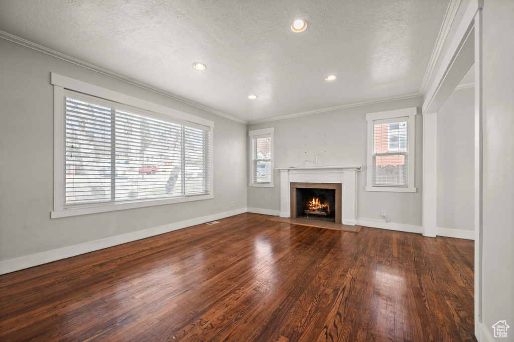 Unfurnished living room with ornamental molding, dark hardwood / wood-style floors, and a textured ceiling
