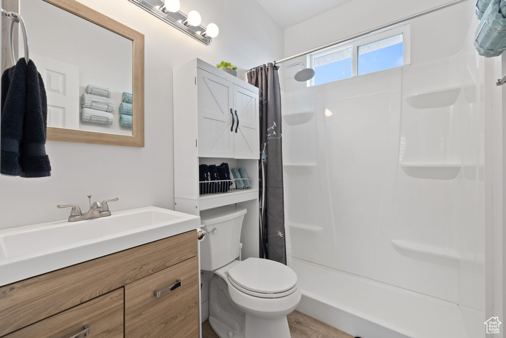 Bathroom featuring wood-type flooring, toilet, and vanity
