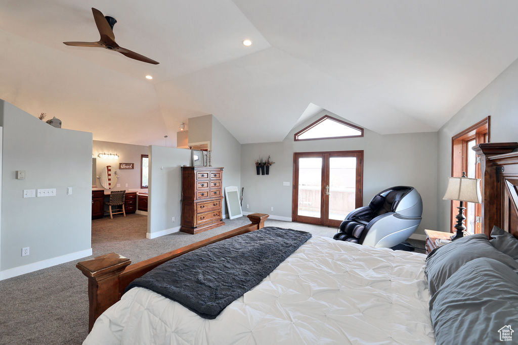 Carpeted bedroom with lofted ceiling, french doors, access to outside, and ceiling fan