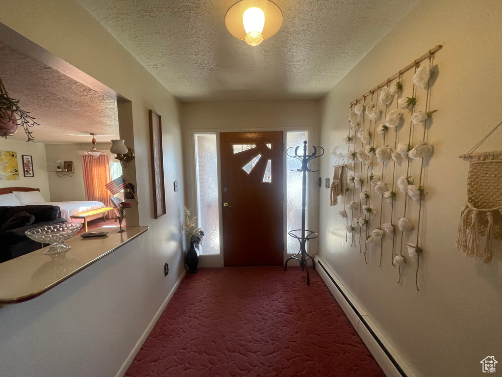 Doorway featuring a textured ceiling, a wealth of natural light, and dark colored carpet