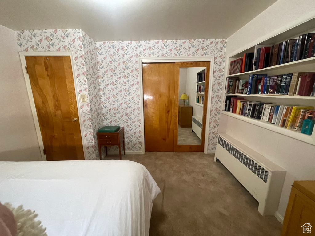 Carpeted bedroom with radiator and a closet