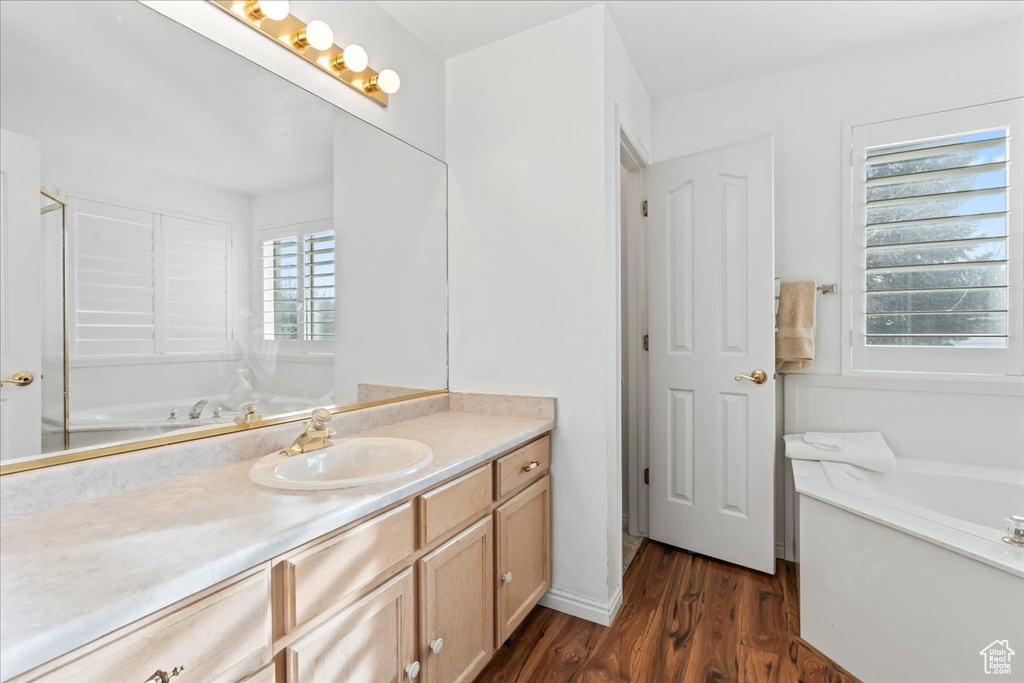 Bathroom with a bath, oversized vanity, and hardwood / wood-style flooring
