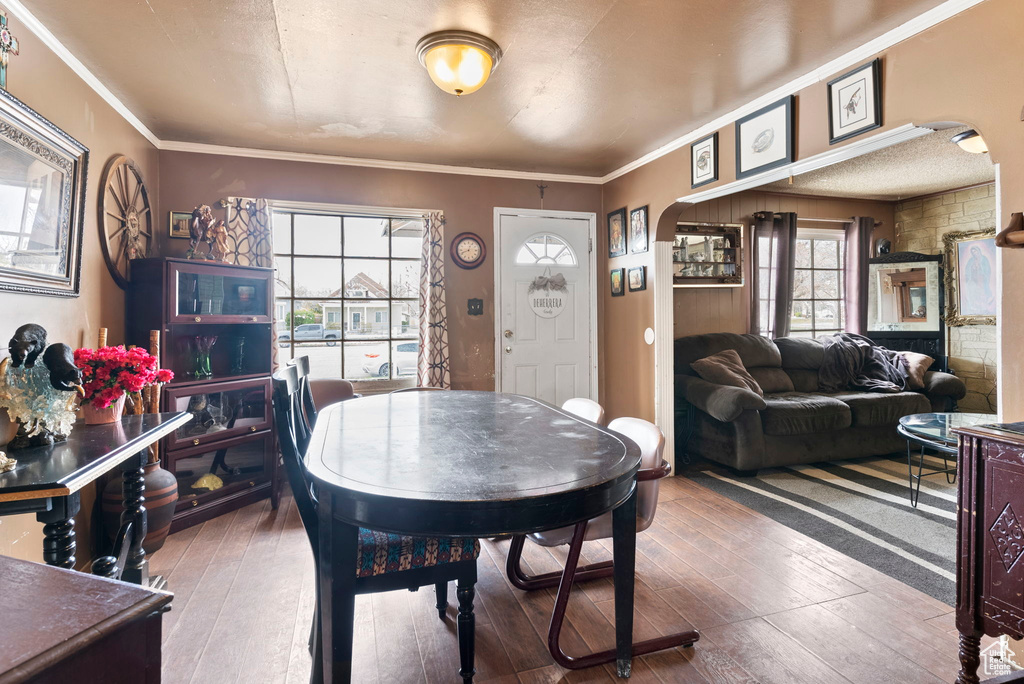 Dining room with crown molding, dark hardwood / wood-style floors, and a wealth of natural light