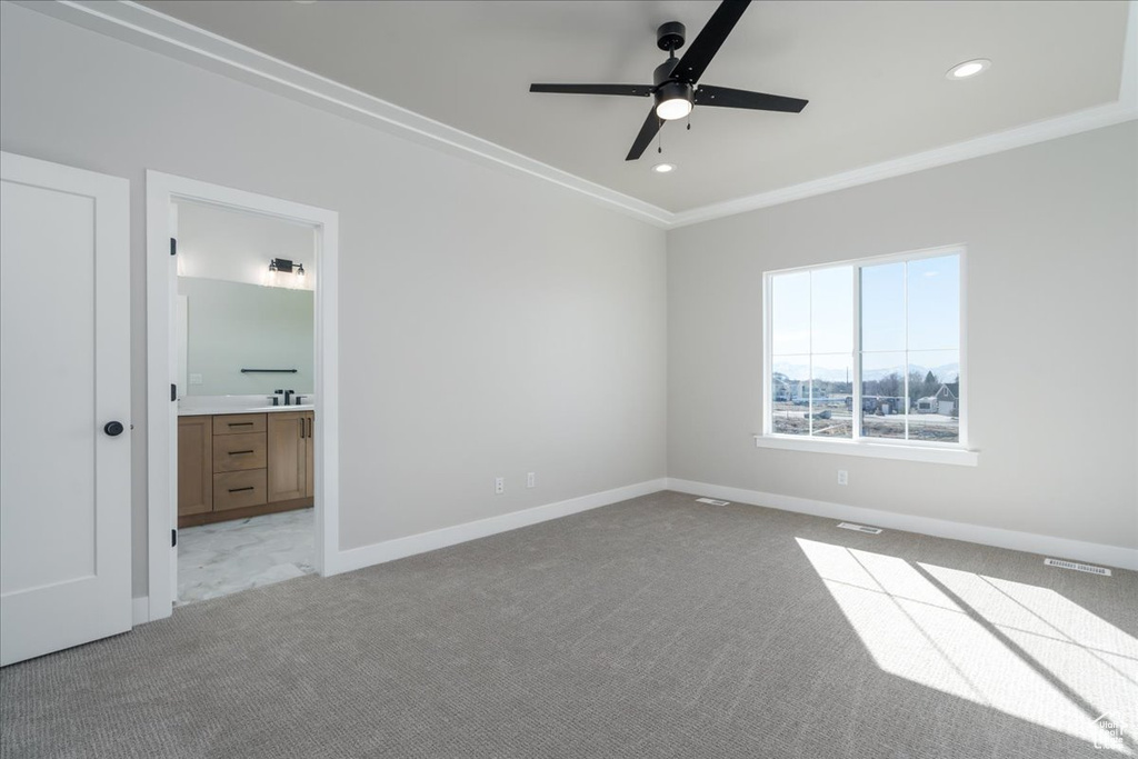 Empty room with light colored carpet, ornamental molding, sink, and ceiling fan